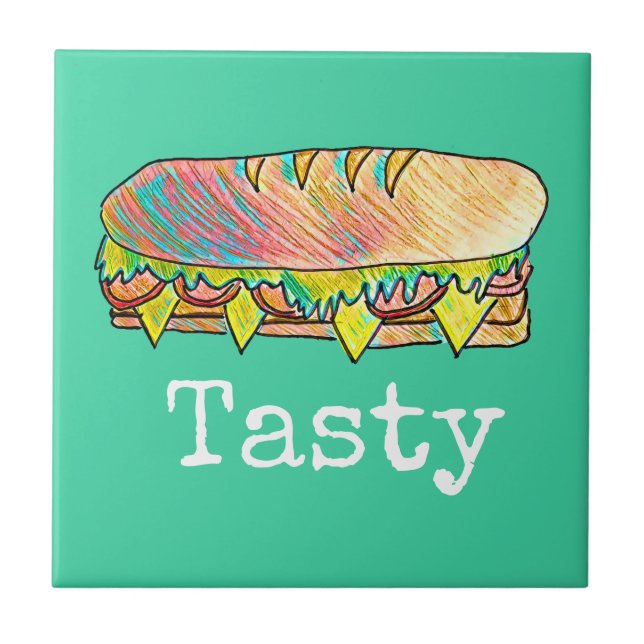 Tasty sub sandwich cute food art ceramic tile (Front)
