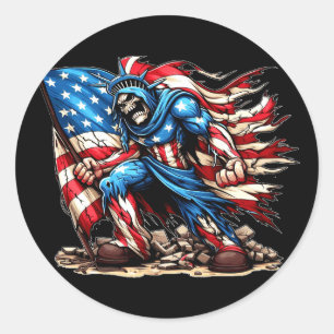 Tattered American USA Flag Skeleton Super hero Art Classic Round Sticker