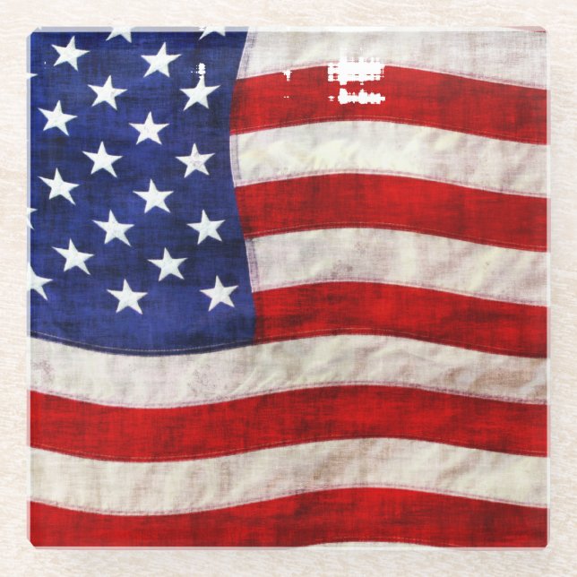 Tattered Grunge Patriotic USA Flag Glass Coaster (Front)
