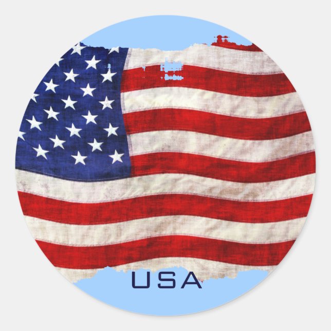 Tattered Grunge Patriotic USA Flag, United States Classic Round Sticker (Front)