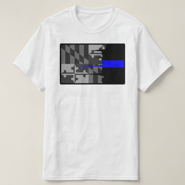 Tattered Maryland Flag Thin Blue Line T-Shirt (Design Front)