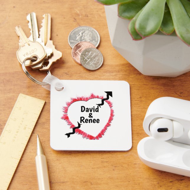 Tattered Red Heart Outline & Arrow Personalised Key Ring (Desk)