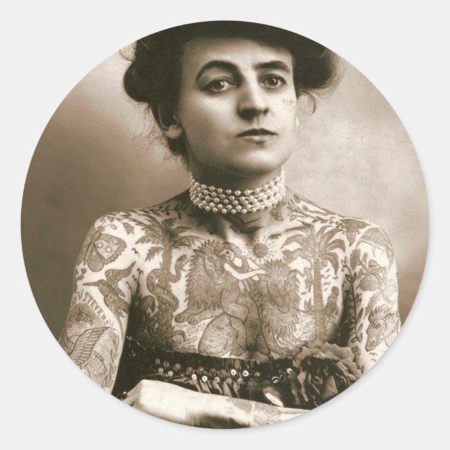 Tattoed With Pearls, Victorian Circus Photo Classic Round Sticker (Front)