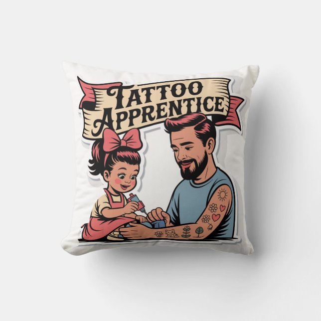 Tattoo Apprentice – Cute Cartoon Dad & Daughter Cushion (Front)