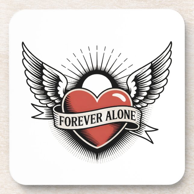 Tattoo Art: Winged Heart with "Forever Alone" Coaster (Front)
