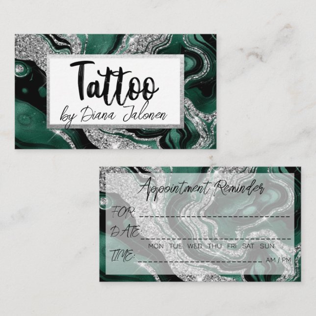 Tattoo Artist Appointment Reminder Silver Green Business Card (Front/Back)