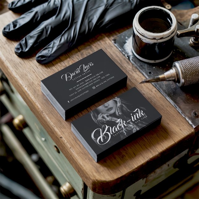 Tattoo artist black photo white script typography business card (Tattoo artist black photo white script typography)