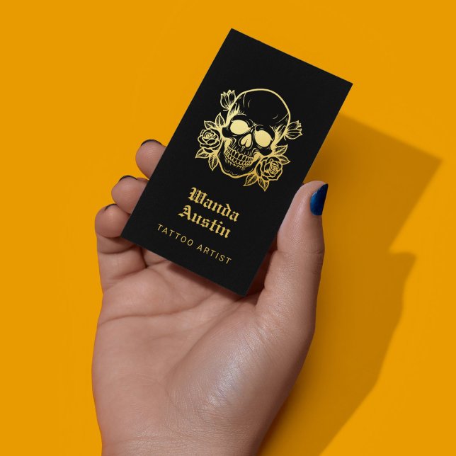 Tattoo Artist Floral Skull Black And Gold   Business Card (Creator Uploaded)