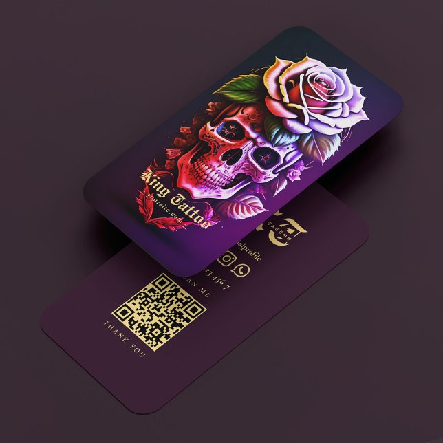 Tattoo Artist Floral Skull Black Purple Modern  Business Card (Tattoo Artist Floral Skull Black Purple Modern Business Card
)