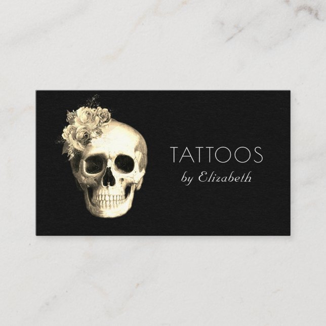 Tattoo Artist Gothic Skull Roses Business Card (Front)