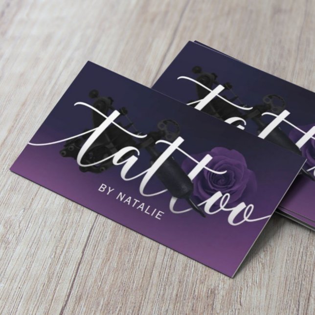 Tattoo Artist Gun & Flower Typography Deep Purple Business Card (Creator Uploaded)