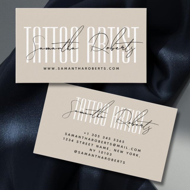 Tattoo artist modern typography script beige business card (Creator Uploaded)