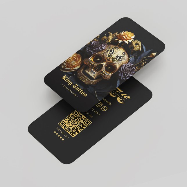 Tattoo Artist Monogram Black Gold Skull Modern  Business Card (Tattoo Artist Monogram Black Gold Skull Modern Business Card
)