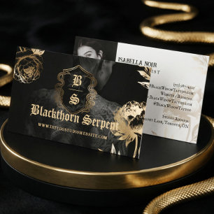 Tattoo Artist Photo Monogram Black Gold Snake Business Card