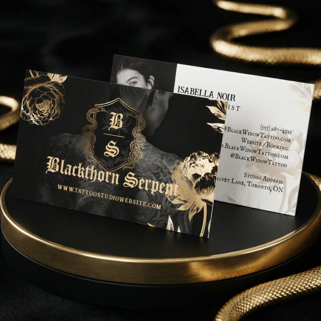 Tattoo Artist Photo Monogram Black Gold Snake  Business Card (Tattoo Artist Photo Monogram Black Gold Snake Business Card)