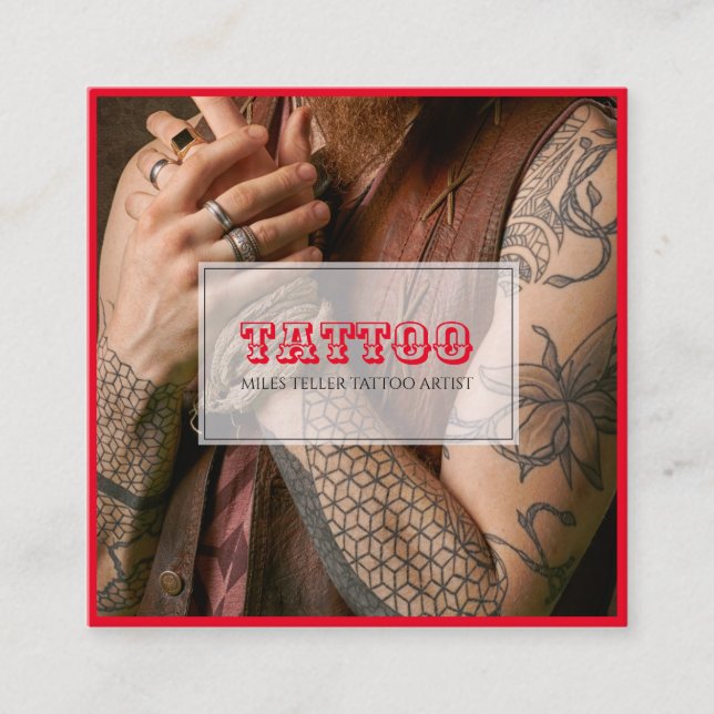 Tattoo Artist Photo Vintage Red Typography Square Business Card (Front)