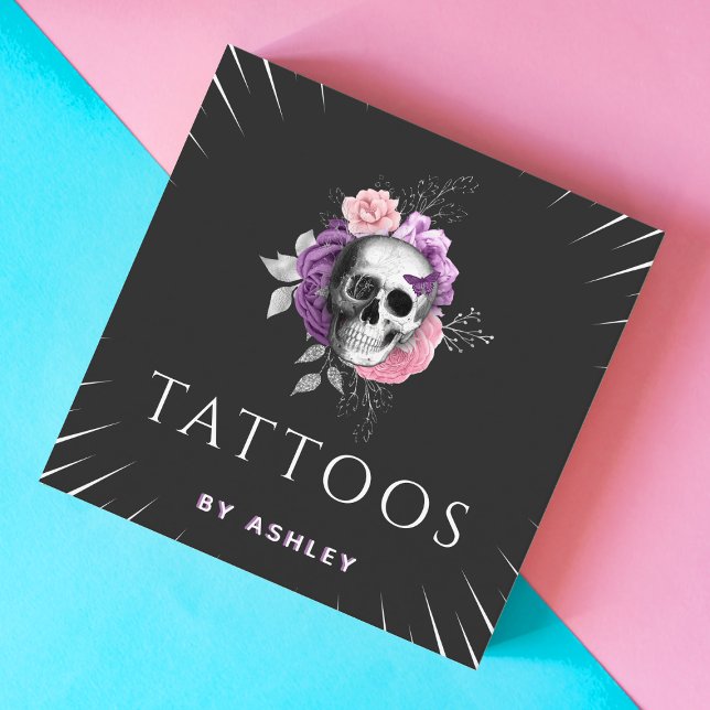 Tattoo Artist Pretty Floral Skull Botanical Leaves Square Business Card (Creator Uploaded)