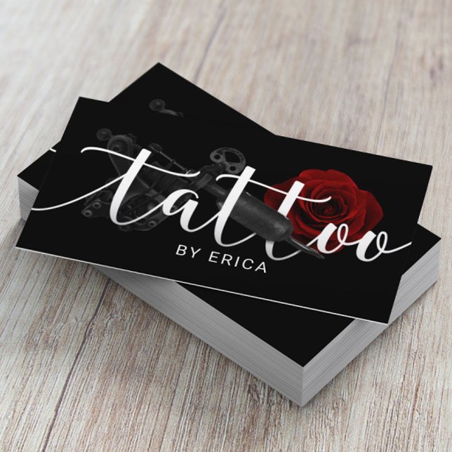 Tattoo Artist Tattoo Gun & Rose Typography Business Card (Creator Uploaded)