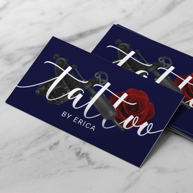 Tattoo Artist Tattoo Gun & Rose Typography Navy Business Card (Creator Uploaded)