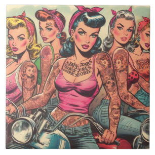 Tattoo Biker Girls Comics Ceramic Tile