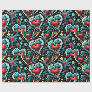 Tattoo Blue Red Hearts  Theme Wrapping Paper