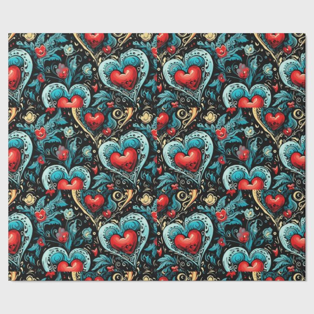 Tattoo Blue Red Hearts  Theme Wrapping Paper (Seam)