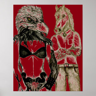 Tattoo couple, eagle lady horse man poster red