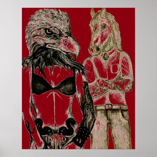 Tattoo couple, eagle lady horse man poster red (Front)