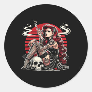 Tattoo Goth Pin-up Girl With Skull Vintage Horror  Classic Round Sticker