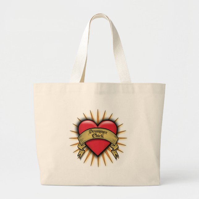 Tattoo Heart Drummer Chick Large Tote Bag (Front)