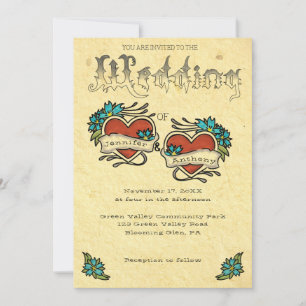 Tattoo Hearts and Tattooed Lettering Wedding Invitation