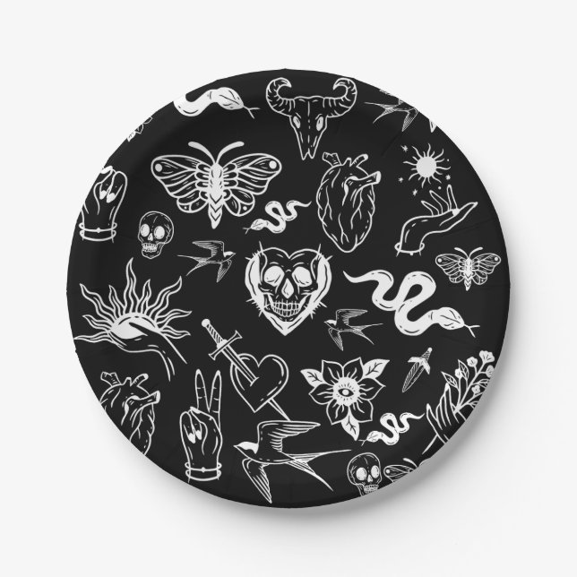 tattoo human heart snake moth dagger black paper plate (Front)