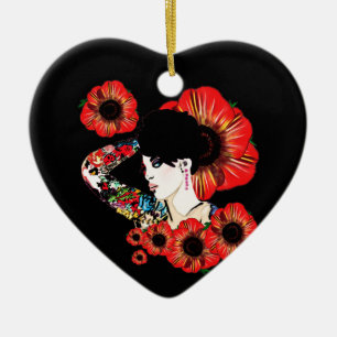 Tattoo inked girl among poppy flowers Art by LeahG Ceramic Ornament