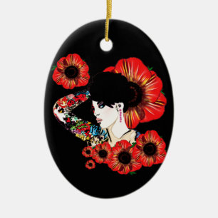 Tattoo inked girl among poppy flowers Art by LeahG Ceramic Tree Decoration