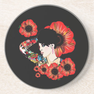 Tattoo inked girl among poppy flowers Art by LeahG Coaster