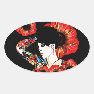 Tattoo inked girl among poppy flowers Art by LeahG Oval Sticker