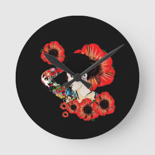 Tattoo inked girl among poppy flowers Art by LeahG Round Clock