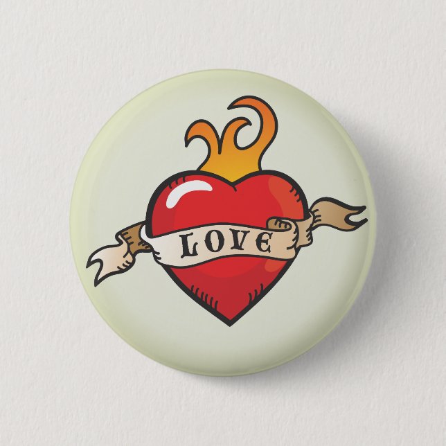 Tattoo Love Heart with flames and banner button (Front)