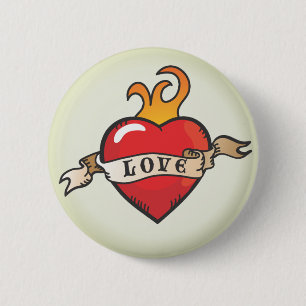 Tattoo Love Heart with flames and banner button