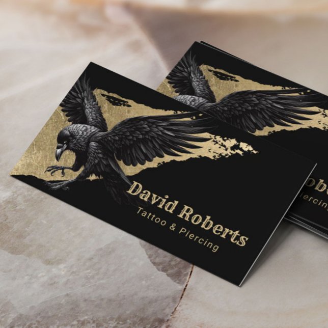 Tattoo & Piercing Black Crow Gold Brushstroke Business Card (Creator Uploaded)
