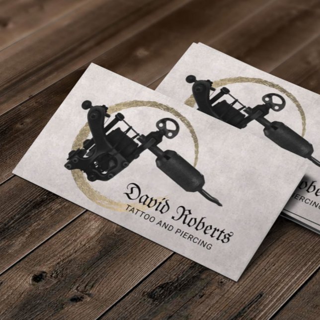 Tattoo Piercing Shop Modern Gold Circle Tattoo Gun Business Card (Creator Uploaded)