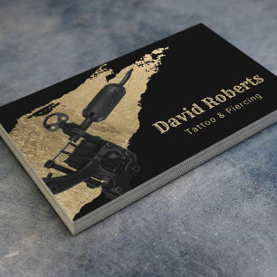 Tattoo & Piercing Tattoo Gun & Gold Brushstroke Business Card