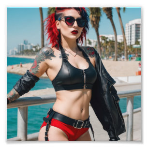 Tattoo Punk Red Hair Beach Shades Swimsuit Girl Photo Print