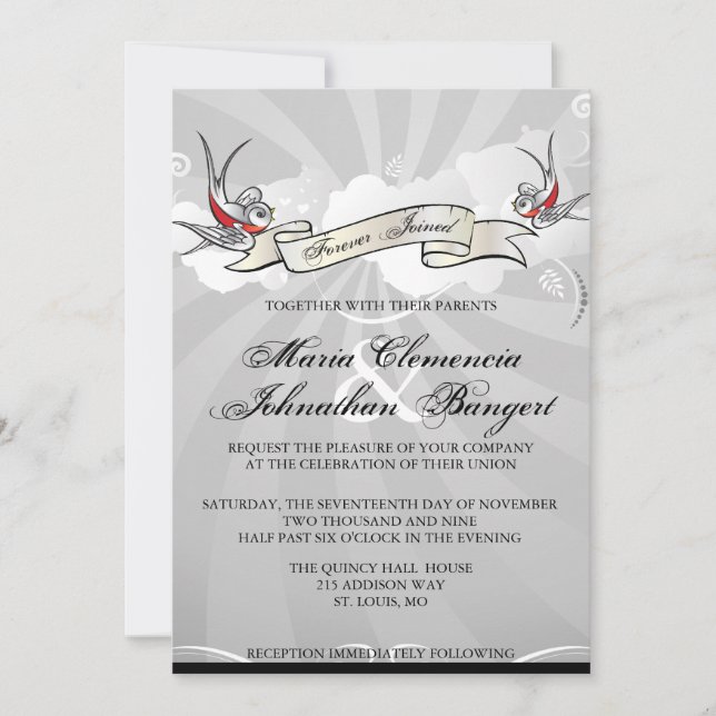 Tattoo Rockabilly Swallow Bird Wedding Invitation (Front)
