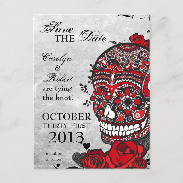 Tattoo Roses & Sugar Skull Save the Date Announcement Postcard (Front)