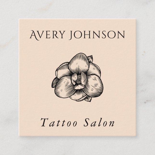 Tattoo Salon Elegant Drawn Flower & Social Media  Square Business Card (Front)