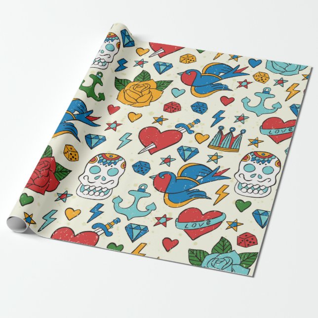 Tattoo seamless pattern.  wrapping paper (Unrolled)