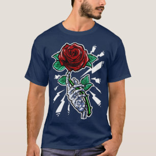 Tattoo Skeleton Hand Red Rose Flower  T-Shirt