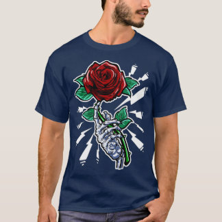 Tattoo Skeleton Hand Red Rose Flower  T-Shirt