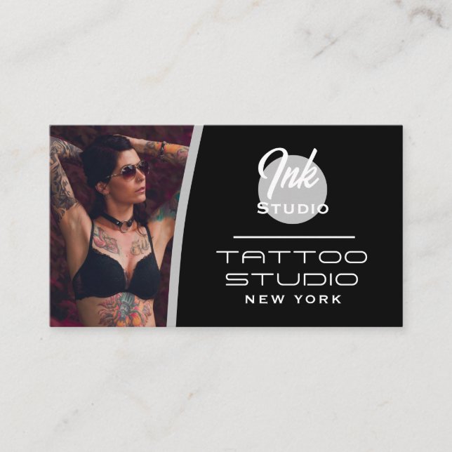 Tattoo Studio Black Photo Business Card | (Front)